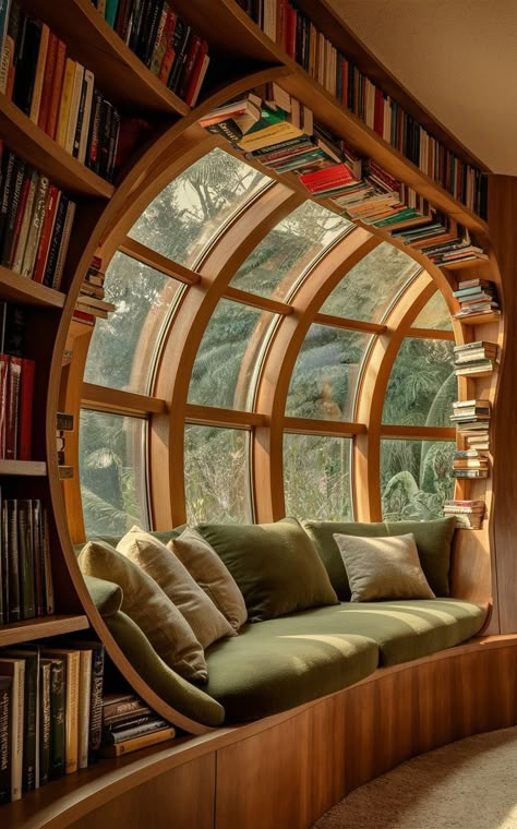 Turret Reading Nook, Library Tiny House, Window Book Nook Ideas, Circular Windows Architecture, Fun Rooms In Houses, Round Room Interior Design, Circle Bookshelf, Circular Library, Round Library