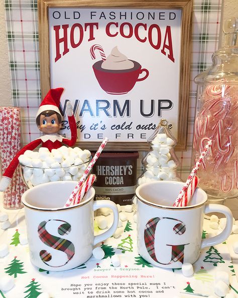 Hot Coco Elf Ideas, Elf On The Shelf Hot Cocoa Ideas, Hot Cocoa Ideas, Tomorrow Is December, Kids Mugs, Shelf Elf, Elf Names, Kids Alphabet, Alphabet Mugs