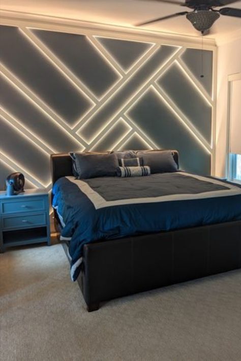 Gaming Room Accent Wall Ideas, Men Accent Wall, Led Lights Accent Wall, Black Accent Wall Bedroom Led Lights, Feature Wall With Lights, Accent Wall Led Lights, Wood Accent Wall With Led Lights, Gaming Accent Wall, Game Room Accent Wall Ideas