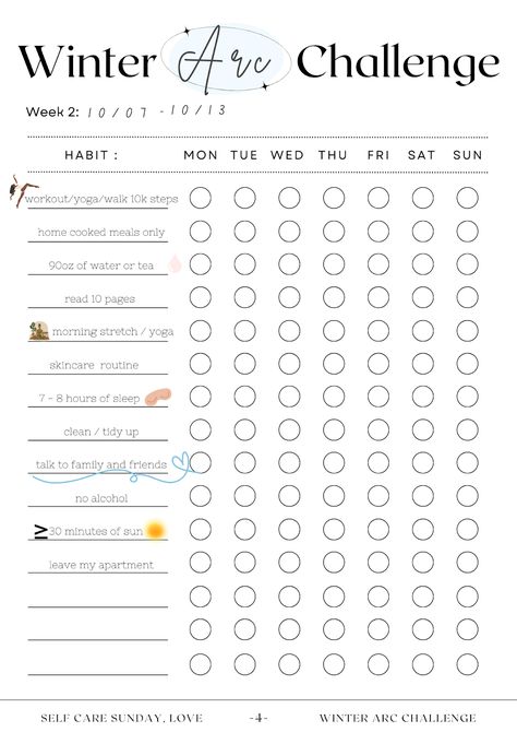 Winter Arc: Challenge, Rules, Dates and Routine Ideas Winter Arc Plan, Action Board, 10k Steps, Winter Arc, Challenge Tracker, Routine Ideas, 8 Hours Of Sleep, Tea Reading, What Is Your Goal