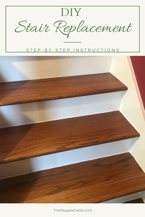 Stair Treads Wood, Replacing Stair Treads Diy, Wood Treads On Stairs, How To Install Stair Treads, How To Stain Stair Treads, Stain Stair Treads, How To Replace Stair Treads, Staining Stair Treads, Replace Stair Treads