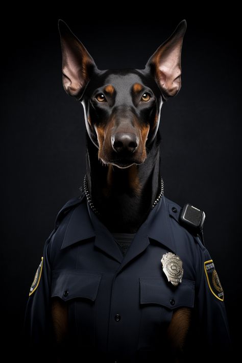 portrait photography of a doberman dog wearing police uniform in a dark background. American Doberman, Dark Lighting, American Police, Police Uniform, Police Dog, Doberman Dogs, Police Uniforms, Animal Portraits, Police Dogs