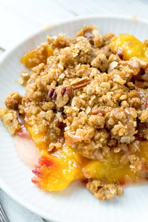 Peach Crisp with a Brown Sugar, Oatmeal, Pecan Crumble | Foodtasia Peach Oatmeal Crisp, Heart Healthy Recipes Breakfast, Peach Oatmeal, Oatmeal Crisp, Peach Crisp Recipe, Pecan Crumble, Brown Sugar Oatmeal, Peach Dessert, Peach Dessert Recipes