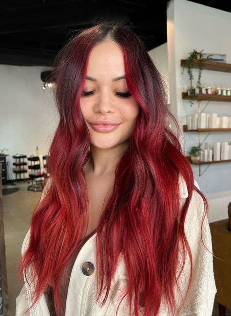 Dark Red Hair With Red Money Piece, Dark Fun Hair Color Ideas, Red Ombre Balayage Hair, Dyed Hair For Brunettes Red, Red Partial Balayage, Bright Red Hair With Money Piece, Red Hair Color Ideas With Highlights, Cold Red Hair Color, Dark Red Hair With Money Piece