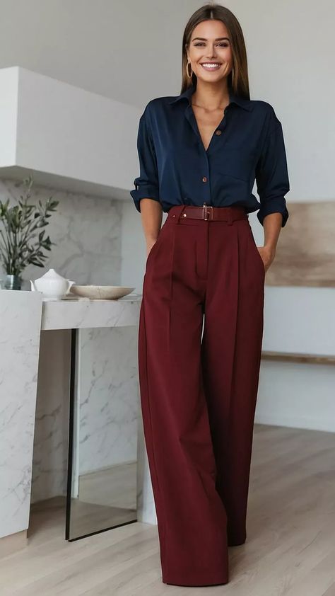 Colorful Pants Work Outfit, Sophisticated Artsy Style, Casual Maroon Outfits, Valentines Outfits Work, Medical Work Outfits Women, Women In Trousers, Cream Dress Pants Outfit Business Casual, Black Striped Dress Pants Outfit, Trousers Outfit For Women Casual