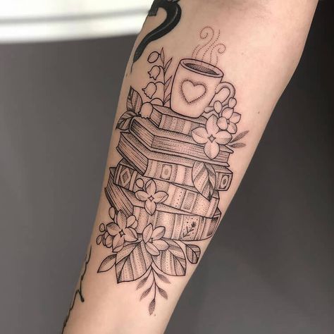 There are so many ways that you can get creative with your book tattoo. You can get a tattoo of your favorite quote from a book, a tattoo of your favorite book, or just simply get a tattoo of the outline of a book. Shows books with a coffee or tea mug sitting on top of the book stack. Teacup On Books Tattoo, Book And Coffee Lover Tattoo, Books Coffee Tattoo, Books Stacked Tattoo, Books With Coffee Tattoo, Coffee Sleeve Tattoo, Large Book Tattoo Ideas, Book And Music Tattoo Ideas, Books And Tea Cup Tattoo