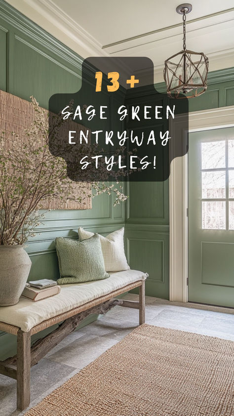 Sage Green Home Inspiration, Front Entryway Paint Colors, Green Drop Zone, Green Foyer Entryway Paint Colors, Green Foyer Entryway, Olive Green Hallway, Green Entrance Hall, Sage Green Hallway Ideas, Green Entryway Ideas