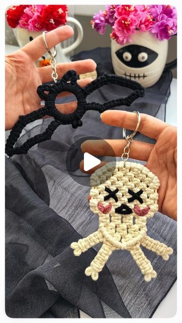 Poly Tusal Handmade | Macrame Pattern Designer on Instagram: "My Halloween Patterns Collection 🤍

🎃 Macrame Pumpkin
👻 Macrame Ghost
🦇 Macrame Bat
☠️ Macrame Skull 

Leave a EMOTICON in the comment of your FAVE one 🥰
.
.
.
.
.
.
.
.
.
.
. 
#halloweenpattern #macramepattern #macramepumpkin #macrametutorial #macrameinspiration #macrameideas #spookypumpkin #macrame #macrameghost #macramebat #macrameskull #macramehanging #halloweendiy #halloweenlover #macrame_community #macramelovers #macramebeginner #creativesofinstagram #craftersgonnacraft #craftersofinstagram #halloweencrafts #spookycrafts #spookykeychain
#craftingfun #handmadekeychain #handmadehalloween #craftastherapy #diyhalloween #halloweeninspo" Macrame Bat Pattern, Bat Macrame Tutorial, Macrame Bat, Macrame Ghost Earrings, Macrame Halloween Bat Tutorial, Macrame Skeleton Keychain, Free Macrame Patterns, Macrame Hanging, Spooky Pumpkin