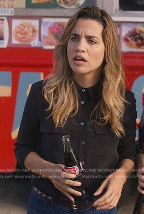 Natalie Morales as Michelle Gutierrez in Netflix' 'Dead To Me' Natalie Morales, Black Silk Blouse, Worn On Tv, Dead To Me, Fashion Board, Latest Outfits, Look Alike, Hair Cut, Outfit Details