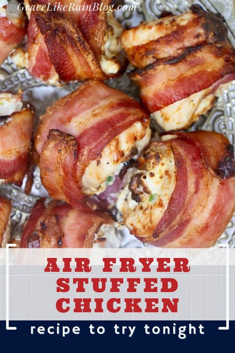 Air Fryer Bacon-wrapped Stuffed Chicken Breast is a fun way to elevate your typical chicken breasts. We're taking boneless skinless chicken breasts and rolling them up with cream cheese and bacon for a delicious healthy dinner straight out of the air fryer. | Chicken with bacon and cream cheese in the air fryer | air fryer chicken bacon bombs | Chicken dinner air fryer ideas | Air fryer chicken recipes | air fryer dinner recipes | easy air fryer recipes | airfry chicken | air fry chicken Bacon Wrapped Air Fryer Chicken, Chicken Grillers In Air Fryer, Bacon Wrapped Stuffed Chicken Air Fryer, Cream Cheese Stuffed Chicken Wrapped In Bacon Air Fryer, Ary Fryer Dinner Recipes, Chicken Wrapped In Bacon Air Fryer, Air Fried Stuffed Chicken Breast, Chicken Bacon Air Fryer Recipes, Chicken Breastrecipes Boneless Airfry