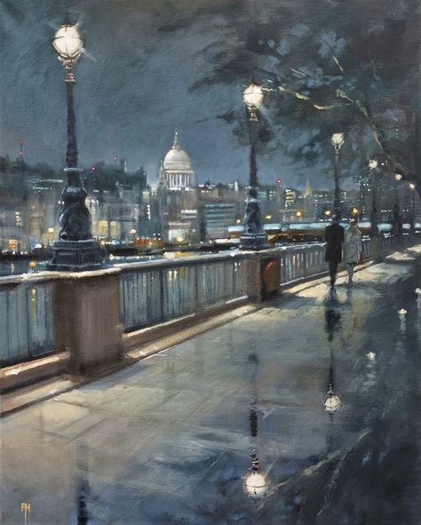 Original acrylic on canvas by Alan Harris, contemporary British artist... Another painting for the series "Late Night London". This time an urban scene around the Southbank with the impressive emblematic view of the Saint Pauls Cathedral in the distance. Beautiful area in the great city of London. A superb gift for Londoners and art lovers alike. #londonpainting #londonsouthbank #londoncity #bestpaintingoflondon #riverthames #stpaulscathedrallondon #urbanart #bestlondonartists London Southbank, London Painting, City Painting, Painting Inspo, 수채화 그림, Paintings Prints, Gcse Art, New York Art, Idea Board