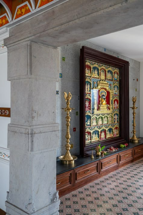 Inside a contemporary Coimbatore home inspired by a heritage Chettinad villa | Architectural Digest India Straight Hall Interior Indian, Chettinad Style House, Temple Home Puja Room, Pooja Room Ideas Indian Traditional, Pooja Room Ideas Indian, Home Temple Design, Traditional Indian Home Decor, Mandir Decor, Chettinad House