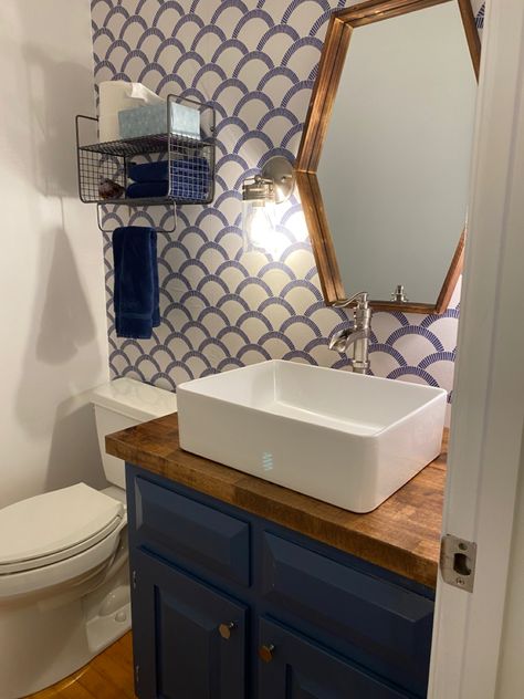 Sink On Countertop Bathroom, Above Vanity Sink, Countertop Bathroom Sink, Bathroom Sink On Top Of Counter, Bathrooms With Butcher Block Counters, Butcher Block Bathroom Sink, Butcher Block Countertops In Bathroom, Butcher Block Vanity Top, Countertop Sink Bathroom