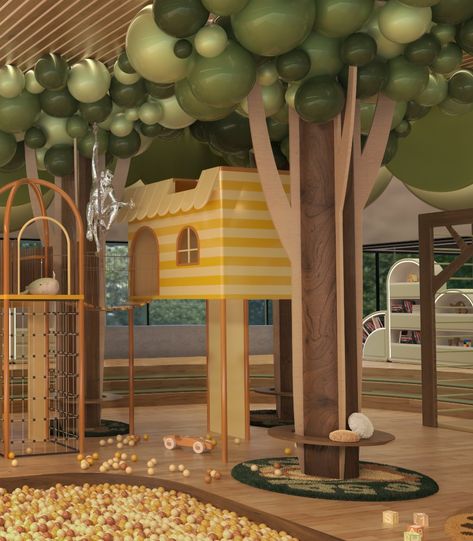 Jungle-Themed Kindergarten With Magical Market Jungle Theme Playroom, Luxury Bar Design, Indoor Playground Design, Kindergarten Interior, Luxury Hotels Lobby, Kids Cafe, Kindergarten Design, Nursery Room Design, Covet House