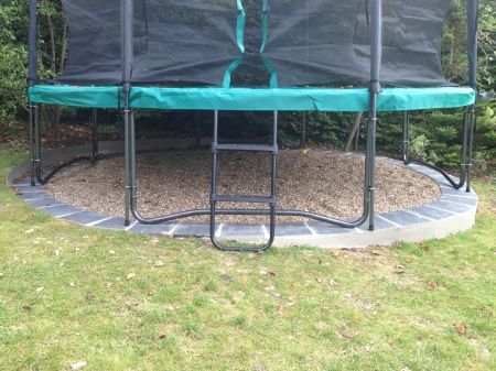 My Bespoke Solutions - Trampoline Foundations Trampoline Base Ideas, Trampoline On Sloped Yard, Under Trampoline Landscaping, Trampoline Landscape Ideas, Under Trampoline Ideas, Trampoline Landscaping, Outside Play Area, Garden Trampoline, Trampoline Ideas