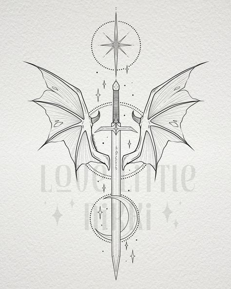 Nesta x Cassian piece for Emma! 🗡️🦇 it included the Ataraxia Sword for Nesta, Illyrian bat wings for Cassian and of course the star tattoo for their bargain ✨ #acotar #nestaarcheron #cassian #tattoodesign Bat Wing Sketch, Nestas Swords, Ataraxia Acotar, Cassian And Nesta Tattoo, Nesta Bargain Tattoo, Nesta Archeron Tattoo Ideas, Cassian Tattoo Acotar, Serpent And The Wings Of Night Tattoo, Acotar Dagger Tattoo