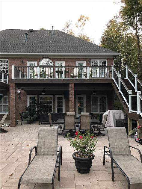 Deck With Brick Columns, Deck On Brick House, Deck Brick House, Costco Gazebo, Brick Pillars, Brick Columns, Laying Decking, Porch Remodel, Trex Deck