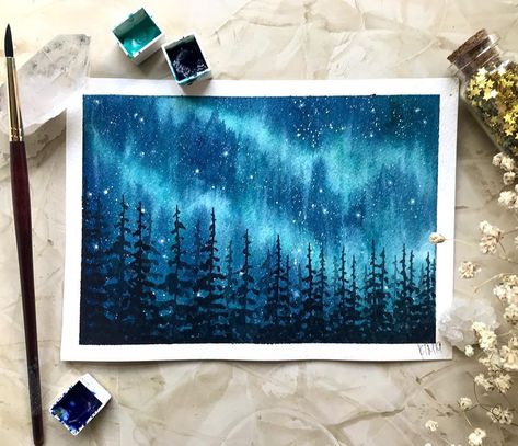 Kathryn Tucker McCardle on Instagram: “7x5 “Blue Aurora” watercolor painting. I’ve been playing around with a new way to paint the northern lights! What do you guys think?! 🤔 - .…” Aurora Watercolor, Blue Aurora, Gouache Illustrations, Bujo Ideas, The Northern Lights, Journaling Ideas, Gouache Painting, Scrapbook Kits, Insta Art