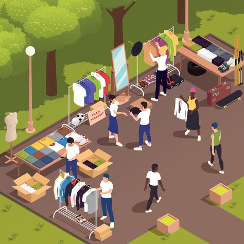 Flea Market Isometric Composition Flea Market Illustration, Flea Market Poster, Hanging Bulbs, Market Illustration, Virtual Room, Startup Ideas, Indoor Markets, Isometric Drawing, Skyscraper Architecture