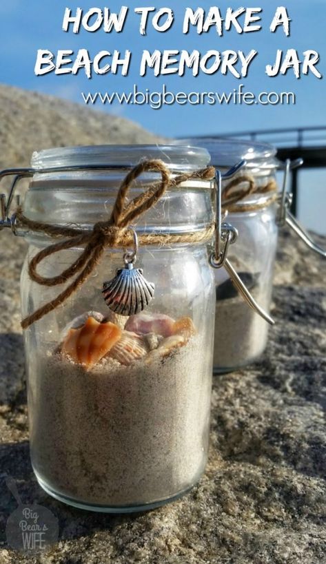 Planning a trip to the beach this summer? Take some time to collect a few seashells and a little sand to create your own personal DIY Beach Memory Jar vacation souvenir. Jar With Sand And Shells, Beach Sand Bottle Ideas, Sand Jars Diy, Seashell Jar Ideas, Sand Jar Ideas Vacation Memories, Sand Jars From Vacation, Beach Jars Diy Ideas, Sand And Shells In A Jar Ideas, Memory Jar Diy