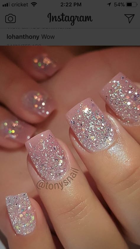 Toni nails!!!!! Two Tone Glitter Nails, Dipped Glitter Nails Ideas, Sparkly Bright Nails, Light Pink Sparkles Nails, Class Reunion Nails, Pretty Dip Nail Ideas, Classy Glitter Nails Short, Birthday Nails Sparkle Classy, French Dip Nails With Design