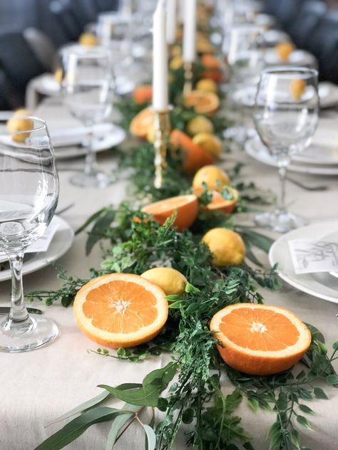 Round Cocktail Table Decor, Citrus Table Decor, Citrus Tablescape, Affordable Wedding Centerpieces, Cocktail Table Decor, Green Tablescape, Thanksgiving Garland, Wedding Centrepiece, Round Table Decor