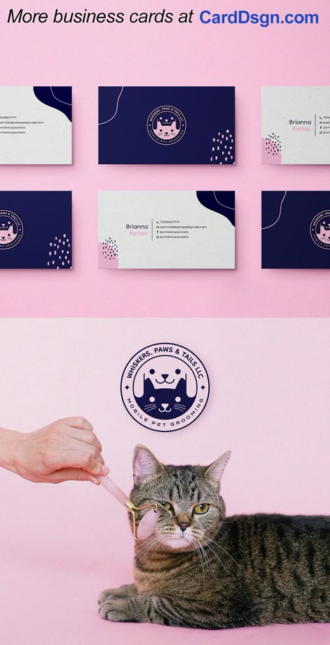 Pet Grooming Logo Design, Pet Grooming Design, Cat Business Card, Pet Business Card, Cute Business Cards Design, Business Card Design Creative Ideas, Company Business Card Design, Cute Branding, Cute Logo Design