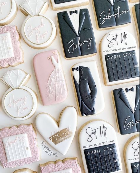 Bridal Cookies Ideas, Mr And Mrs Cookies Decorated, Bridal Cookies Decorated, Proposal Cookies, Western Cookies, Wedding Sugar Cookies, Bridesmaid Cookies, Bride Cookies, Wedding Cookies Decorated