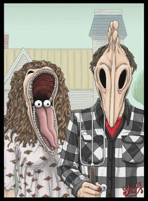 Barbara and Adam Maitland of Beetlejuice posing for American Gothic. Grant Wood, Tim Burton Art, Tim Burton Movie, The Rocky Horror Picture Show, American Gothic, Corpse Bride, Pics Art, Beetlejuice, Tim Burton