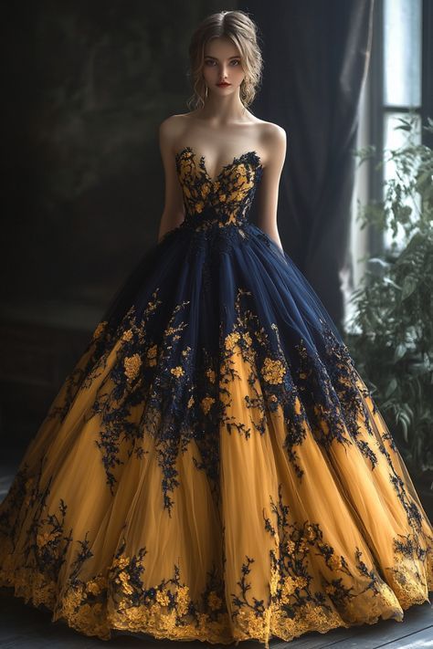 Black And Yellow Wedding Dress, Dramatic Dresses, Expensive Dresses, Fantasy Dresses, Fantasy Gowns, Pretty Prom Dresses, Fairytale Dress, Fantasy Dress, Gorgeous Gowns