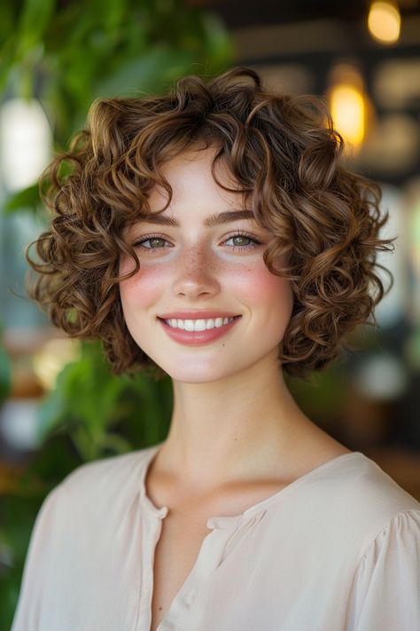 Embrace your natural texture with this stunning short curly hairstyle that showcases your curls in all their glory! Perfect for adding volume and flair, this style frames the face beautifully while keeping things fun and manageable. Whether you're dressing up for a night out or enjoying a casual day, this look transitions seamlessly. Discover the magic of short curly hairstyles and let your curls shine! #curlyhairstyles #shortcurlyhair #curlyhairlove Short Haircuts Face Framing, Perm Bob Hairstyles, Short Curly Hair For Round Face, Hairstyles For Short Layered Hair, Short Permed Hairstyles, Blonde Curly Bob, Pixie Cut Curly Hair, Hair Short Curly, Short Permed Hair