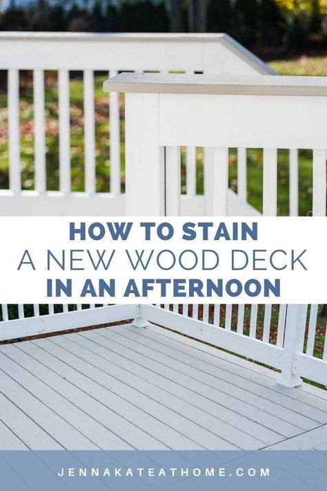 The best tips to stain a new wood deck in an afternoon. Achieve a modern color scheme for your exterior painted deck using these two colors available from Sherwin Williams SuperDeck solid deck stain. #jennakateathome #exteriorcolors #gray #whitetrim #moderndeck Black Deck Stain, Grey Deck Stain, Deck Stain Ideas, Stain A Deck, Deck Stain Colors, Black Railing, Deck Stain, Pool Deck Plans, Black Deck