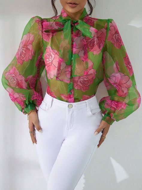 Floral Print Tie Neck Puff Sleeve Organza Blouse Without Bra | SHEIN USA Organza Top Styles, Organza Tops, Classy Short Dresses, Organza Blouse, Without Bra, Organza Top, Casual Work Outfit, African Clothing Styles, Bow Blouse