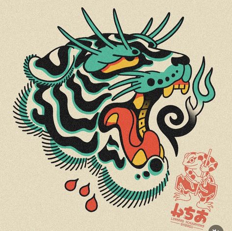 Asian Tattoo Ideas Japanese Art, Japanese Dragon Tattoo Flash, American Traditional Asian Tattoo, Japanese Dragon Tattoos Traditional, Tiger Pattern Tattoo, Tiger Red Tattoo, Korean Tiger Illustration, American Traditional Background, Japanese Gap Filler Tattoo