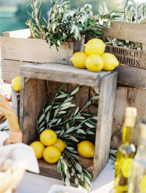 I'm fairly confident in saying that every wedding should now include a Dimitri Olive Oil bar. And this Greek inspired affair? Totally started the trend. With Ab Lemon Themed Bridal Shower, Reception Games, Trendy Golf, Italian Party, Italian Theme, Citrus Wedding, Deco Champetre, Oil Bar, Olive Branches