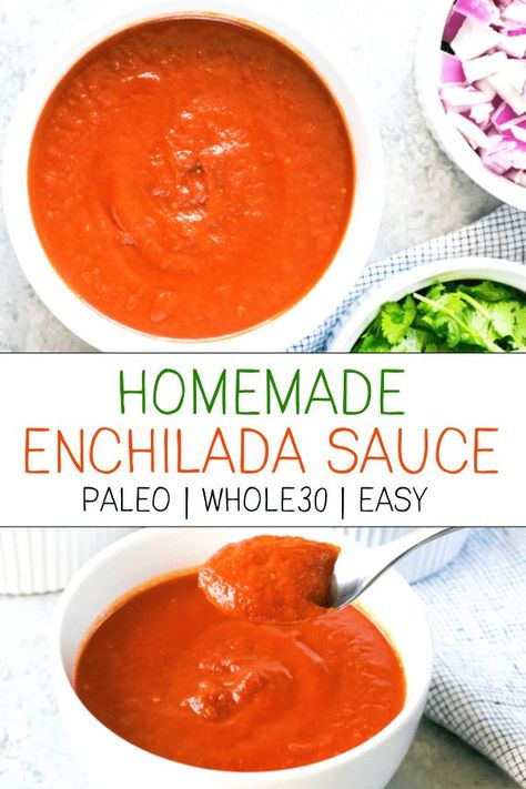 This homemade enchilada sauce is paleo friendly and Whole30 compliant. It's a super quick and easy recipe to add into your favorite mexican inspired dishes! #paleo #whole30 #whole30recipes Paleo Enchiladas, How To Make Enchiladas, Paleo Condiments, Paleo Sauces, Cleaner Eating, Recipes With Enchilada Sauce, Homemade Enchilada Sauce, Homemade Enchiladas, Paleo Whole 30