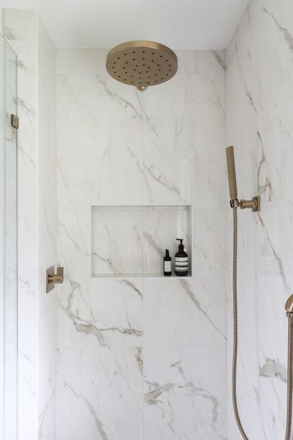 Toilet Paper Organization, White Marble Bathrooms, Paper Organizer, Marble Showers, Glass Shower Enclosures, Luxurious Showers, Transitional Bathroom, House Design Photos, Marble Bathroom