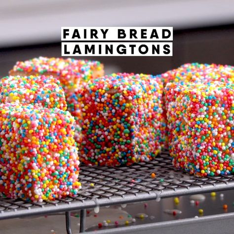 Fairy bread Lamingtons | cake | Soft sponge cakes covered in sprinkles? What's not to love? | By The Scran Line - Facebook Fairy Bread Lamingtons, Lamingtons Cake, Princess Recipes, The Scran Line, Scran Line, Fairy Bread, Sponge Cakes, Cake Cover, Love Cake