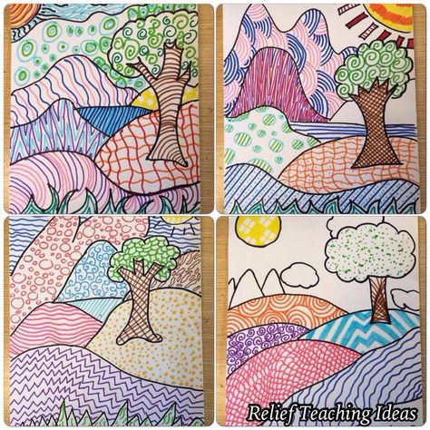 Art Sub Lessons: Patterned Landscapes Scratchboard Art Lessons, Chuck Close Art, Preschool Art Lessons, Landscape Art Lessons, Line Art Lesson, Color Art Lessons, 3rd Grade Art Lesson, Art Sub Lessons, Easy Art Lessons