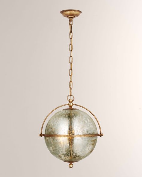 The Bayridge Pendant by Chapman amp; Myers showcases a refined design with timeless appeal. Inspired by materials from the Lorford series, a mercury glass globe is suspended within a demisphere frame with forged bolts that create a distinctive silhouette. Alone or in multiples, the unique piece will add an architectural element to entryways, dining rooms, or kitchens.    Crafted of iron and glass    Uses two 15watt LED Type A bulbs    Overall, approx. 15.5"Dia. x 18"T    Chain length: 6 ft. chai Above Tub Lighting, Brass Kitchen Pendants, Funky Pendant Lights, Gold Kitchen Pendant Lights, Mercury Glass Chandelier, Mercury Glass Pendant Light, Art Deco Light Fixtures, Golf Room, Globe Lighting