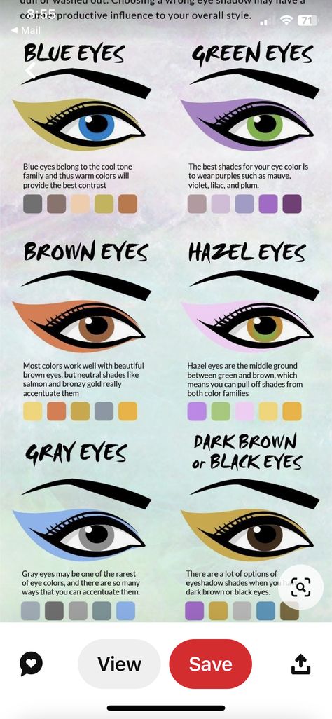 Eye Color Eyeshadow Chart, Eyeshadow Placement Chart, Makeup Colors For Hazel Eyes, Colors For Hazel Eyes, Eyeshadow Placement, Hazel Eye Makeup, Hazel Eyes, Make Up Looks, Colorful Makeup