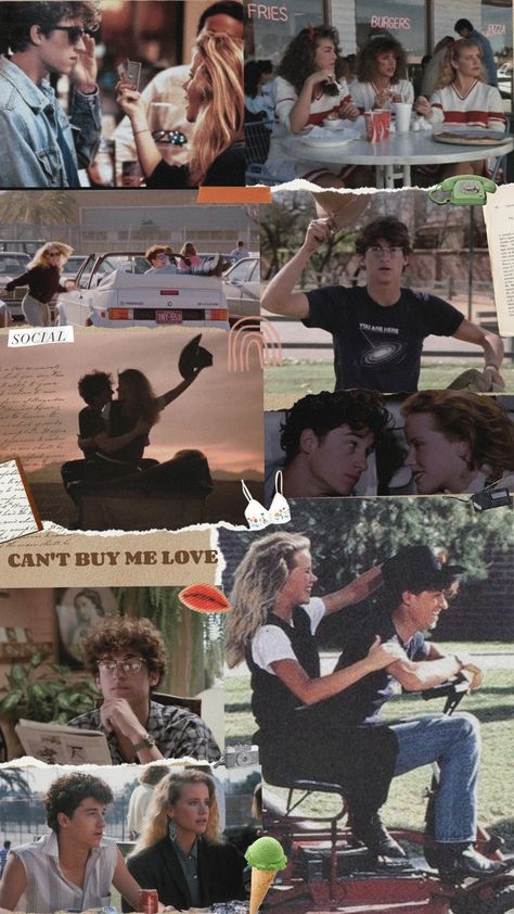 Cant By Me Love Movie, 80s Movies Wallpaper, 80s Romance Aesthetic, Ferris Bueller’s Day Off, Movie Collage, Can't Buy Me Love, Cupid And Psyche, Love Collage, Film Posters Minimalist