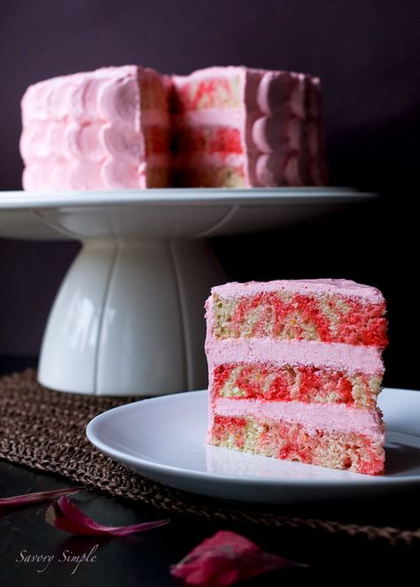 Strawberry Swirl Dream Cake ~ @Jennifer Farley | Savory Simple Strawberry Swirl Cake, Cake On A Plate, Explosion Cake, Swiss Buttercream, Ganache Filling, Swirl Cake, Dipped Strawberries, Strawberry Buttercream, Birthday Cake Recipe