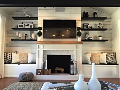 Love this look!! Build Shelves, Fireplace Seating, Fireplace Shelves, Fireplace Built Ins, Decor Ikea, Corner Fireplace, Fireplace Remodel, Home Fireplace, Fireplace Makeover