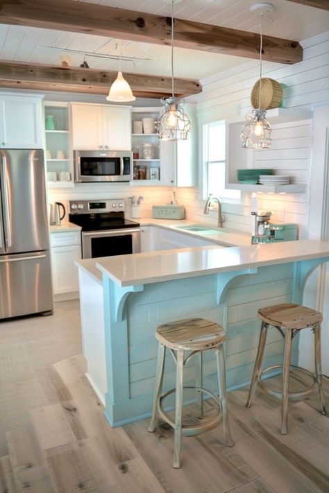 Unleash your inner decorator! 28 stunning beach cottage style u0026 decor ideas to create your dream getaway. Small Beach House Interior, Beach Cottage Style Decor, Beach Cottage Kitchens, Beach Cottage Kitchen, Cottage Makeover, Small Beach Houses, Coastal Kitchen Decor, Lake House Kitchen, Beach House Living Room