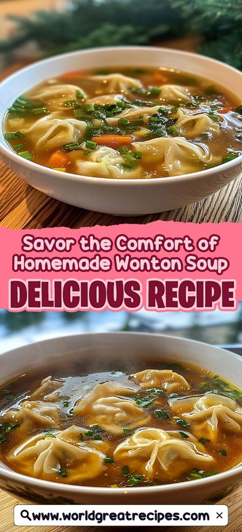 Impress your friends and family with this easy homemade wonton soup recipe! Perfect for any occasion, this dish features delightful wontons filled with a savory mixture of ground pork and aromatic spices, all simmered in a flavorful chicken broth. With step-by-step instructions, even novice cooks can create a restaurant-quality meal right at home. Add fresh herbs and garnishes for a pop of color and flavor. This comforting soup is sure to become a family favorite that warms the heart and soul. Chicken Wonton Soup, Homemade Wonton Soup, Quick Easy Family Meals, Wonton Soup Recipe, Comforting Soup, Wontons, Budget Friendly Recipes, Easy Family Meals, Chicken Flavors