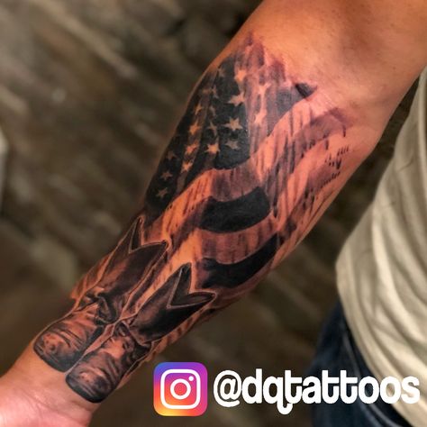 Black and gray American flag with cowboy boots tattoo that I did on a forearm. Western Forearm Sleeve Tattoos, Grandpa Tattoo In Memory Of Cowboy, Country Western Tattoos Men, Rip Cowboy Tattoo, Country Leg Tattoo, American Western Tattoo, Cowboy Forearm Tattoo, Country Arm Tattoos, Country Tattoos For Men Forearm