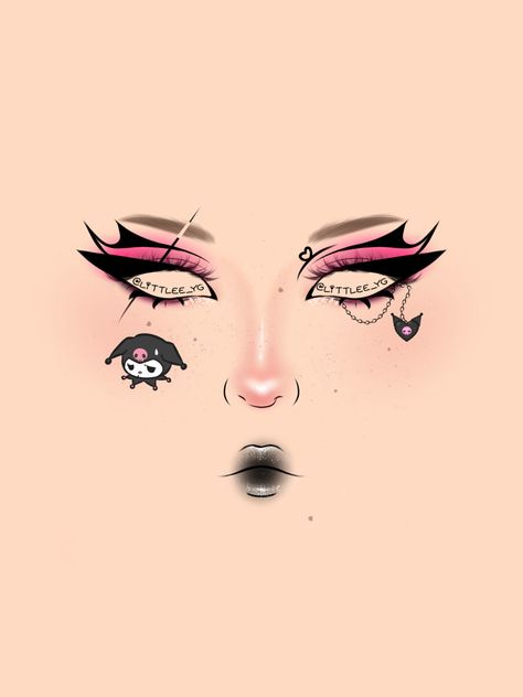 Maquillaje inspirando en la Kuromi alternativo Kuromi Eye Makeup, Kuromi Eyeliner, Kuromi Inspired Makeup, My Melody Makeup Look, Boceto Makeup Egirl, Kuromi Eyeshadow, Delineados Egirl, Kuromi Costume, Punk Makeup Looks