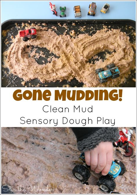 Gone Mudding! Clean Mud Sensory Play | Stir the Wonder Car Sensory Play, Mud Sensory Bin, Car Sensory Bin, Cars Sensory Bin, Transport Sensory Play, Dirt Sensory Bin, Trucks Sensory Bin, Sensory Bin Dirt, Muddy Animals Sensory