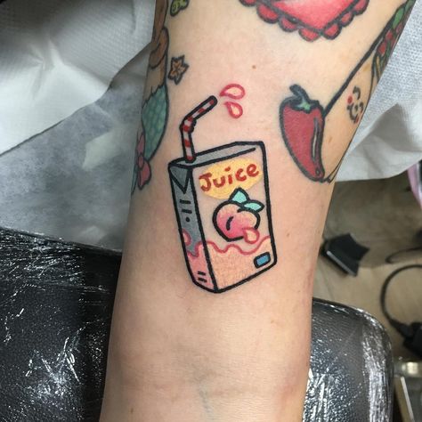 Follow @TATTOOWONDERLAND on Pinterest for more!!  Peach juice box tattoo Juice Box Tattoo, Kitty Juice, Box Tattoo, Peach Tattoo, Juice Tattoo, Baby Olive, Skin Paint, Olive Juice, Kawaii Tattoo